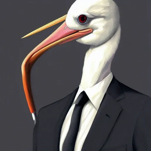 Image similar to portrait of a stork in a suit wearing headphones, high-quality digital art trending on Artstation