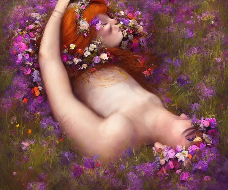 Image similar to cute female bride laying down and swathed in flowers, perfect face, tiara, ginger hair, abs, cinematic, freckles, stunning, athletic, strong, agile, highly detailed, psychedelic, digital painting, artstation, smooth, hard focus, illustration, art by jessica rossier and and brian froud