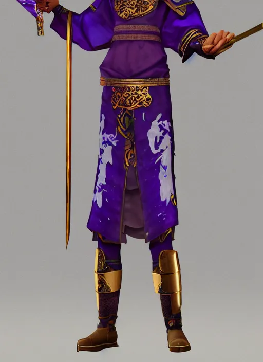 Prompt: An epic fantasy portrait painting of teenager boy with straight indigo hair, purple eyes with red eye markers, slim body, wearing a detailed Japanese kimono with golden armor pieces, holding japanese fan. Unreal 5, 8k, DAZ, hyperrealistic, octane render, studio Ufotable, Demon Slayer artstyle, cosplay, RPG portrait, dynamic lighting