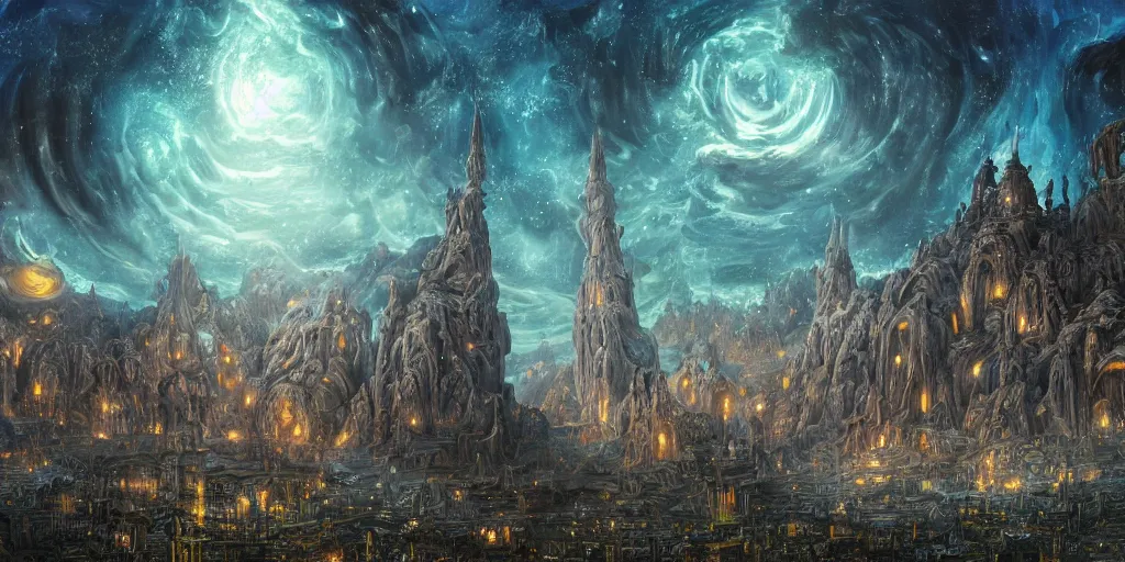 Image similar to an digital painting of the ancient city surrounded by magic guardians, collosal sculpture of faceless god in the middle, lovecraft style, intricate details, detailed sky, detailed structures, starry night, artstation, epic scenery, colourful light, cinematic, by marco bucci and vasnetsov