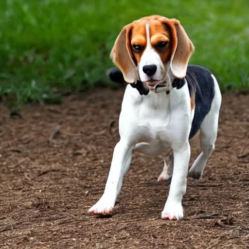 Prompt: a beagle playing in the backyard