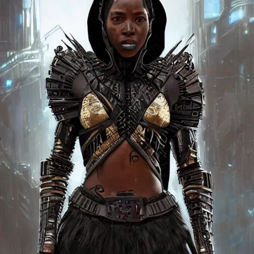 Image similar to wakandan warrior with cyberpunk and steampunk style armor wearing a long hooded cloak that is a bit torn, ultra realistic, concept art, intricate details, eerie, horror, highly detailed, photorealistic, octane render, 8 k, unreal engine. art by artgerm and greg rutkowski and alphonse mucha