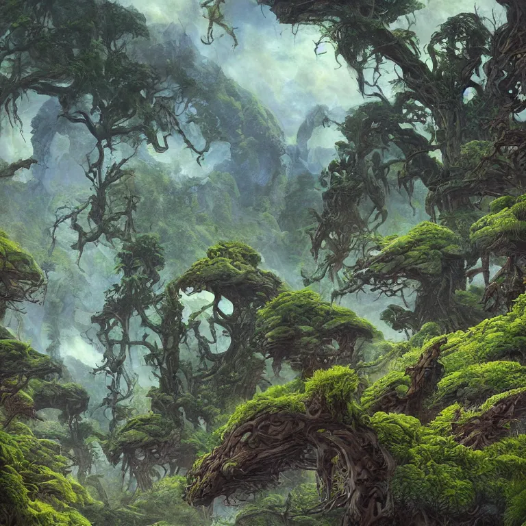 Prompt: digital painting of a lush natural scene on an alien planet by gerald brom. digital render. detailed. beautiful landscape. wet.
