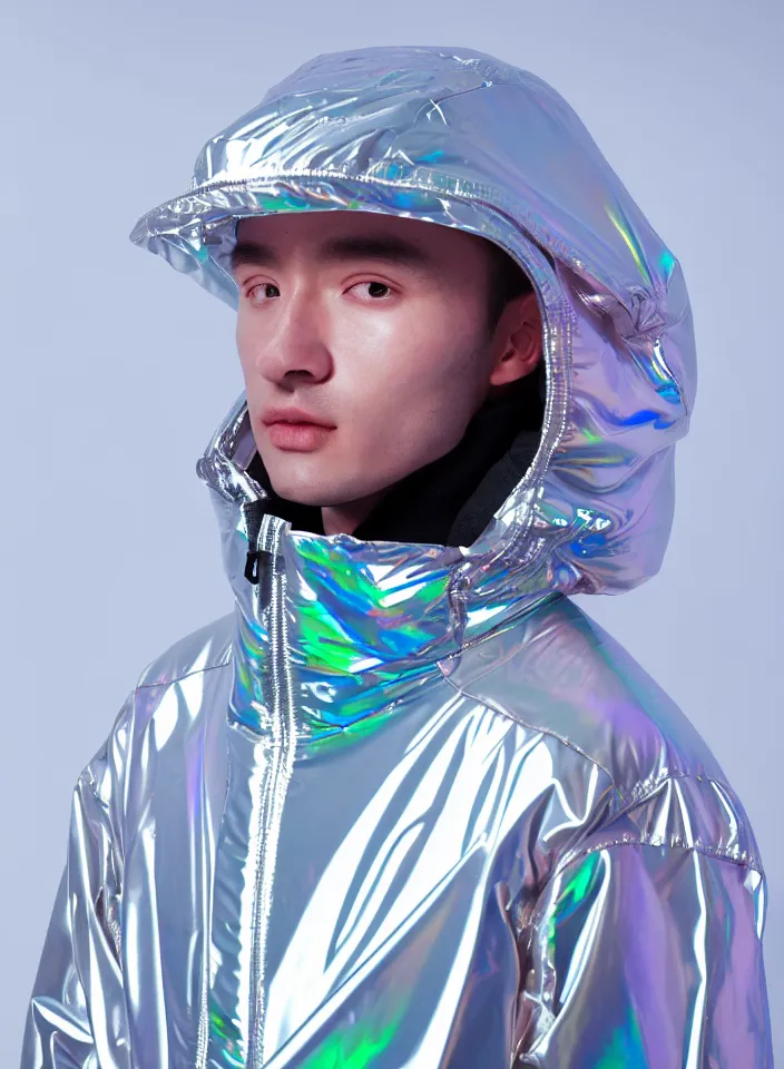 Image similar to an ultra high definition professional studio quality photograph of a single android influencer with silver skin wearing a transparent iridescent pastel coloured visor and matching wavey raincoat on white hook in a sheer icelandic black rock environment. three point light. dramatic lighting. volumetric shadows. light rays