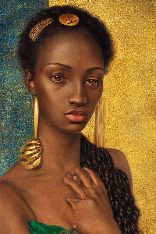 Prompt: Portrait of a Beautiful African female, sad green eyes, beautiful skin, elegant, jewellery, digital painting, Pre-Raphaelites, highly detailed, concept art, smooth, sharp focus, gold and indigo, illustration, art by Klimt .