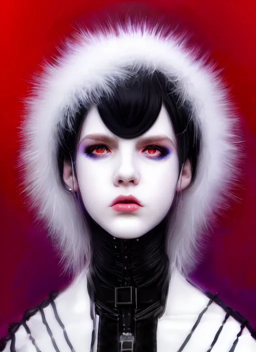 Image similar to whitebangs, black hair, black cyberlox, portrait of white teenage girl, normal face, white bangs, fluffy bangs, cyberlox, whitebangs, red contact lenses, purple background, intricate, elegant, highly detailed, digital painting, artstation, concept art, sharp focus, smooth, illustration, art by wlop, mars ravelo and greg rutkowski