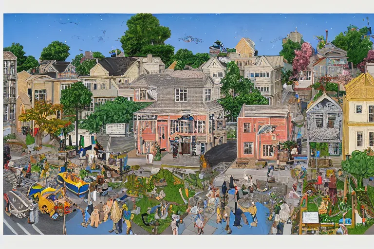 Image similar to an elaborate painting of a peaceful neighborhood, detailed, made of alcohol ink on parchment and penned illustrations, by wes anderson and geoff darrow