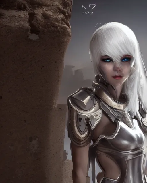 Prompt: android girl in egyptian ruins, warframe armor, exploration, white hair, atmosphere, glow, detailed, intricate, beautiful face, cinematic lighting, trending on artstation, blue eyes, 4 k, focused, extreme details, cinematic, masterpiece, by akihito tsukushi