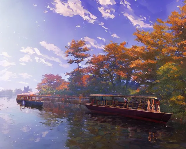 Prompt: one single wooden steam boat in a very narrow river, trees, shady, ripples, reflections. 3 boys and girls are standing in the boat. By Makoto Shinkai, Stanley Artgerm Lau, WLOP, Rossdraws, James Jean, Andrei Riabovitchev, Marc Simonetti, krenz cushart, Sakimichan, trending on ArtStation, digital art.