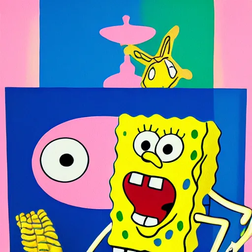 Prompt: an acrylic painting of SpongeBob, wild brush strokes, beautiful gradients, mixed media, award winning painter, symmetrical design 8k painted by KAWS