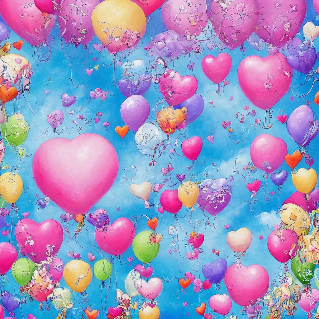 Image similar to ultra detailed painting that is beautiful and whimsical with cotton candy clouds and balloon hearts and flowers inside