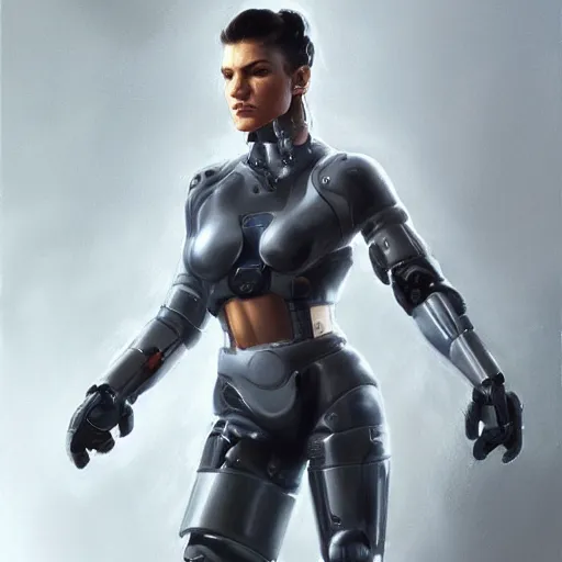 Image similar to gina carano with robotic cybernetic metallic grey left arm, casual pose, large portrait, cyberpunk, digital painting, artstation, concept art, smooth, 8 k frostbite 3 engine, ultra detailed, art by artgerm and greg rutkowski and magali villeneuve
