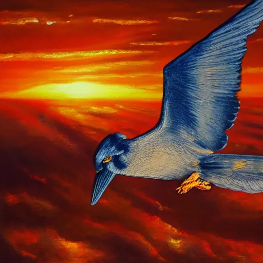 Image similar to a job offer with wings, flapping its wings flying in sunset sky, oil on canvas, portrait, intricate, 8k highly professionally detailed, HDR, CGsociety