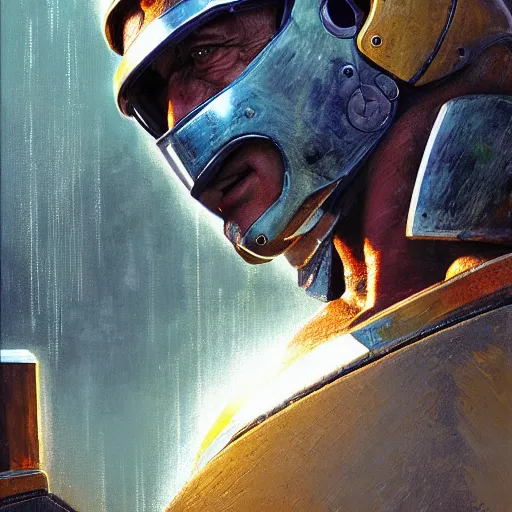 Prompt: sylvester stallone in ancient spartan style cyber armor, tech noir, wet reflections, prism, atmospheric, ambient, pj crook, syd mead, livia prima, greg rutkowski, edward hopper