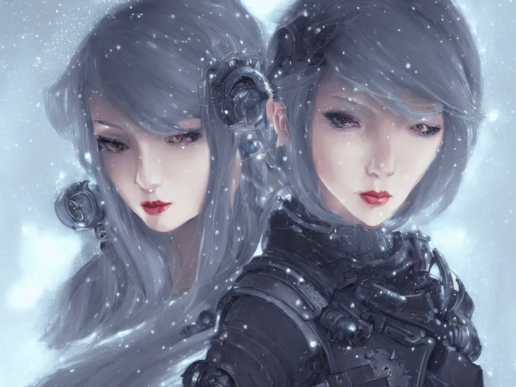 Prompt: portrait cyber warrior girl, grey hair dieselpunk wardrobe, in tokyo cyberpunk snowy night, ssci - fi and fantasy, intricate and very very beautiful and elegant, digital painting, artstation, concept art, smooth, illustration, art by yam - pixiv