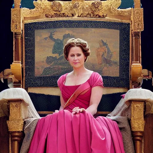 Image similar to Jenna Fischer in Roman queen clothes, sitting on throne, holding court, Norman Rockwell