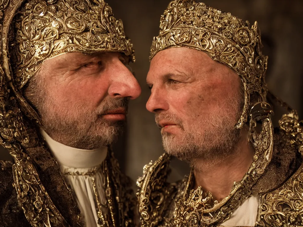 Image similar to a high-resolution color-chrome extreme closeup portrait photo of a medieval priest, kissing a incredible elegant pale renaissance rococo Queen, with ornate jewelled, rococo Queen, sci-fi, high-tech, beautiful low light, style Steve McCurry Octane render 8k