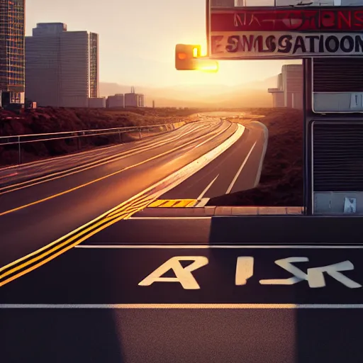 Image similar to of a advertisement with a scene of a highway with words written on the road in front of the viewer, occlusion shadow, specular reflection, rim light, unreal engine, octane render, artgerm, artstation, art jiro matsumoto, high quality, intricate detailed 8 k, sunny day