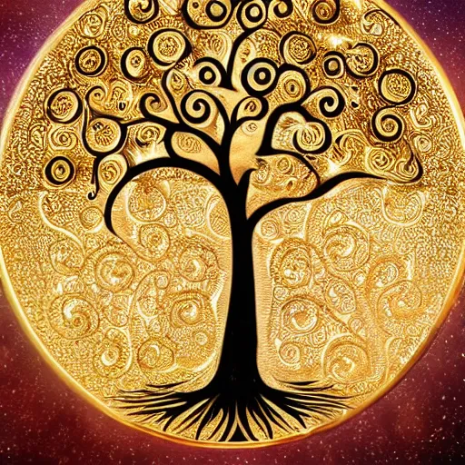 Prompt: gold filigree tree of life magical realism fantasy detailed paitning 8k 3d