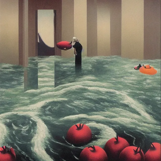 Image similar to painting of flood waters inside an apartment, tall female emo art student, a river flooding indoors, pomegranates, pigs, ikebana, water, river, rapids, waterfall, black swans, canoe, berries, acrylic on canvas, surrealist, by magritte and monet