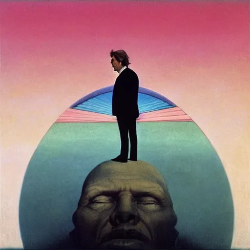 Image similar to a man in black suit, white city, clear blue sky, pink floyd album cover, 1 9 7 0's, by beksinski, bruegel, greg rutkowski, alphonse mucha, and yoshitaka amano, colorful flat surreal design, hd, 8 k, artstation