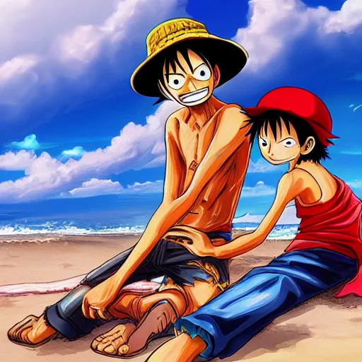 Image similar to luffy from one piece, anime art, pixiv, luffy is on the beach with nami