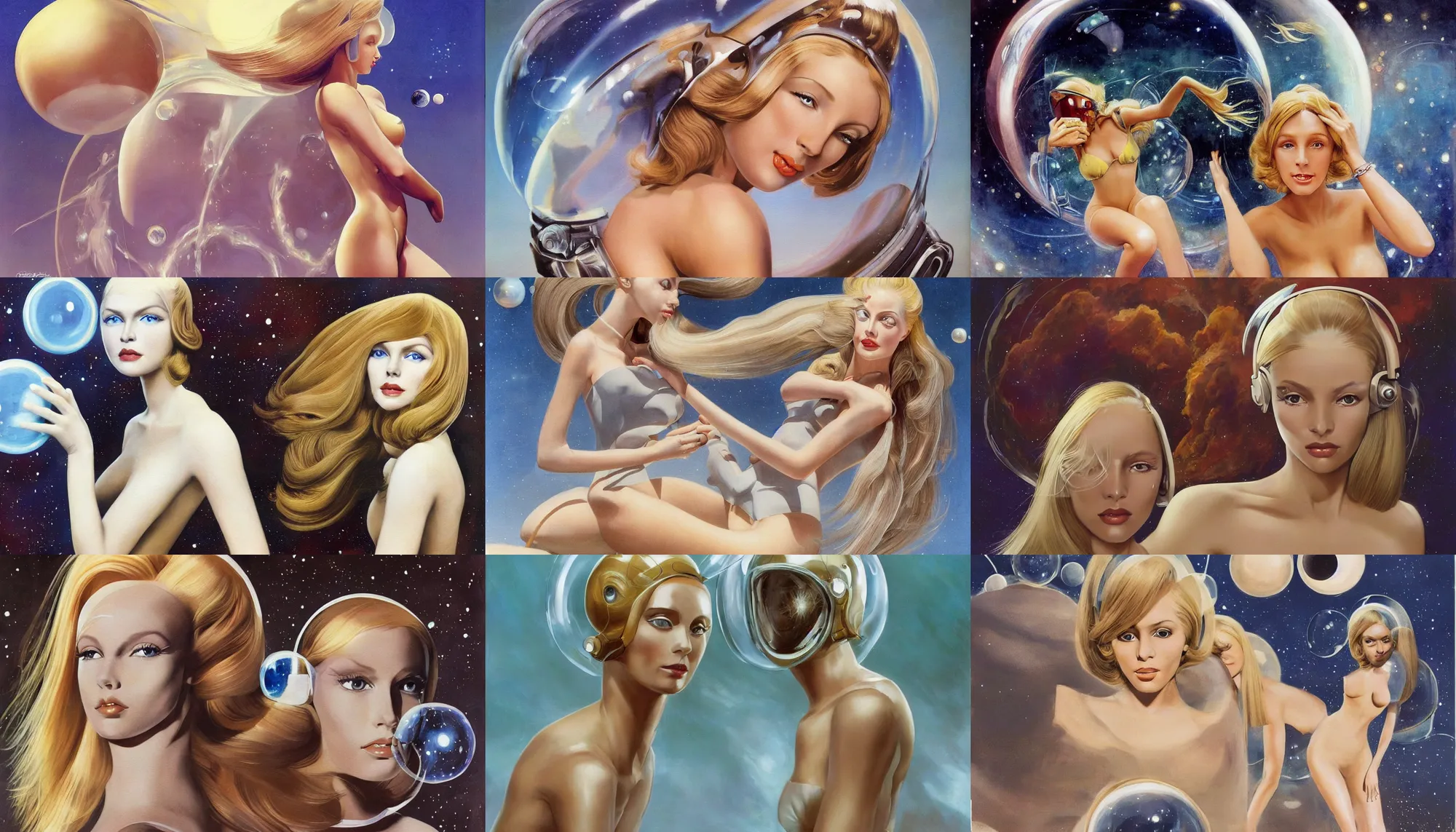 Prompt: A mixed media painting of a very beautiful light-brown-hair / blonde woman on an alien environment, elegant, aesthetic!!! symmetrical face and eyes, piercing gaze, photorealistic, model, futuristic white-space-bikini, 60's cartoon-space-bubble-helmet, eighties pinup style, by Frank Frazetta, Boris Vallejo, Donato Giancola, Beeple, Greg Rutkowski, Christian MacNevin, epic fantasy character art, full length, high fantasy, starship-troopers, CGsociety, exquisite detail, post-processing, masterpiece, cinematic