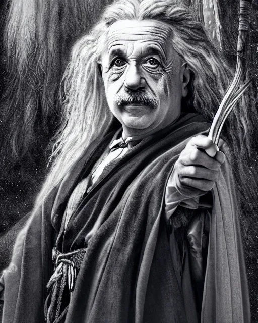 Image similar to Albert Einstein as Gandalf, Lord of the Rings, elegant robe, portrait art, wooden glowing staff, dark fantasy forest, fine details, perfect, 8k high detail, masterpiece, trending on ArtStation