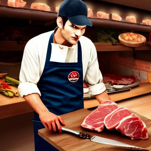 Prompt: ashton kutcher as a butcher wearing a bloody apron with a cleaver in his hand as he chops meat while working in a deli, realistic, hyperrealistic, ultra realistic, real, real world, highly detailed, very detailed, extremely detailed, intricate details, 8 k resolution, hd quality