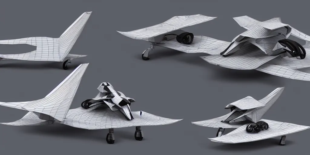 Image similar to side view of multiple low-poly sci-fi 3D hover racer designs