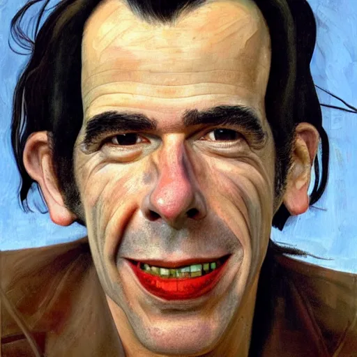 Prompt: high quality high detail painting by lucian freud, hd, smiling nick cave