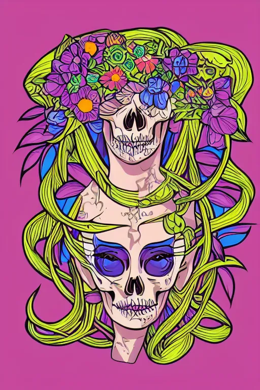 Prompt: portrait of a flower skeletor girl, art by milka oxana, sticker, colorful, illustration, highly detailed, simple, smooth and clean vector curves, no jagged lines, vector art, smooth