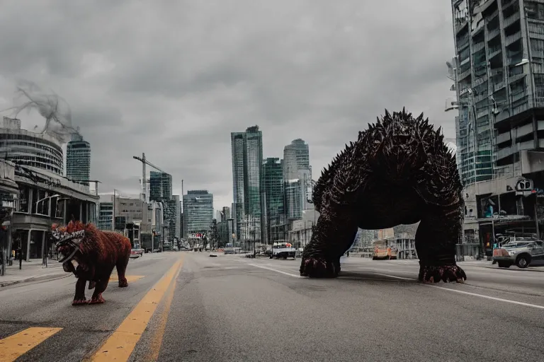 Prompt: Ominous still of Kaiju Behemoth roaming through devastated Toronto downtown district, chaotic riots in 2022, Canon EOS R3, f/1.4, ISO 200, 1/160s, 8K, RAW, unedited, symmetrical balance, in-frame, documentary photography, colorful