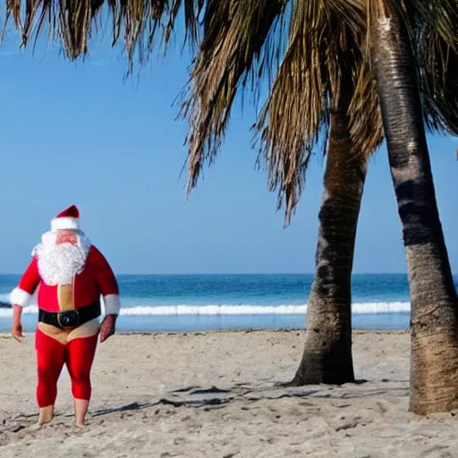 Image similar to surfer santa in a mankini at the beach