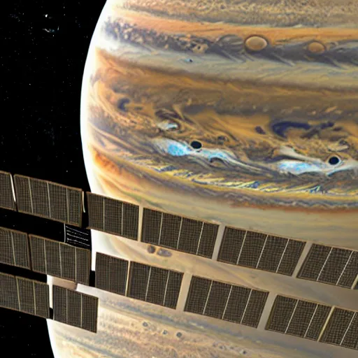 Image similar to modern space station in orbit around jupiter, io is in the background, computer render, 3 d render, animation, concept, high quality