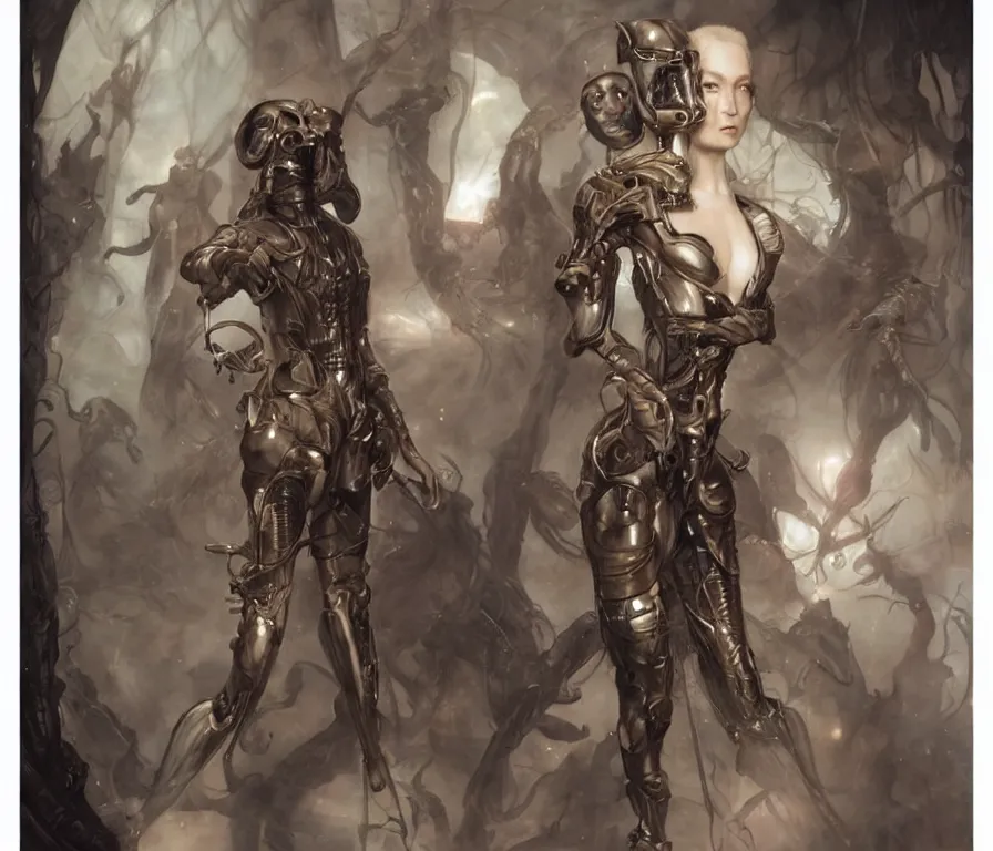 Image similar to a fashion editorial of a female alien with scaled skin is trying on a tactical suit and has many body modifications. by tom bagshaw, donato giancola, hans holbein, walton ford, gaston bussiere, brian froud, peter mohrbacher and magali villeneuve. 8 k, fashion editorial, cgsociety