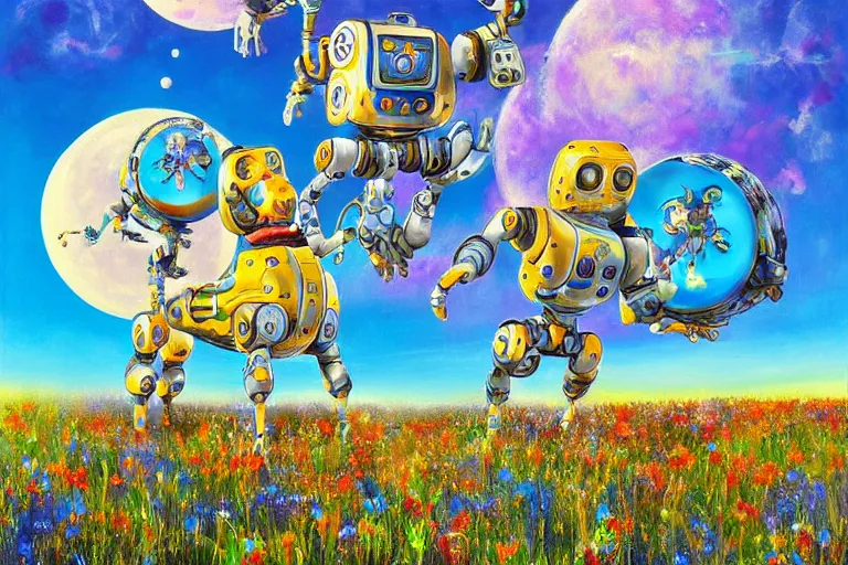 Prompt: beautiful painting robot dogs playing in a stunning field of flowers, blue sky, huge multiple moons by phil foglio and vincent dutrait, trending on artstation, hdr