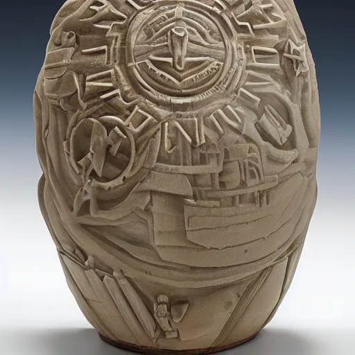 Prompt: The War Multiverse. highly detailed carving on southern ice porcelain, partially glazed, woodfired, art gallery - n4