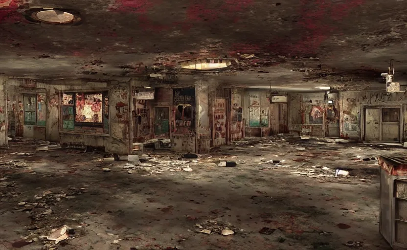 Prompt: horror photography of the rundown ruins of a 5 0 s bar in a tacky casino in fallout new vegas by lori nix