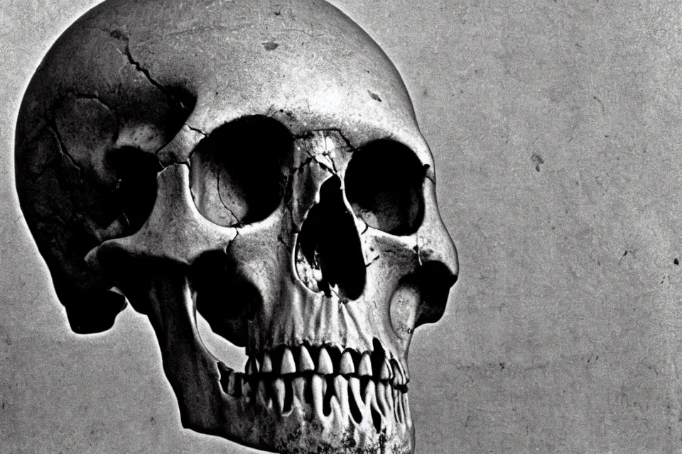 Prompt: archaeologists have unearthed a very large human skull, 1 9 7 0's vintage photo, frosted texture.