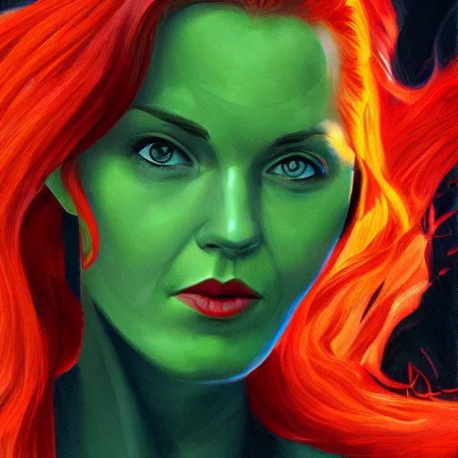 Prompt: jean grey, a half body portrait of jean grey, green eyes, red hair, phoenix, flames, flying, comic, x - men, highly detailed, artstation, symetry, digital painting, vivid colors, realistic shaded perfect face, soft lighting, atmospheric, cinematic, moody, in the style of alex ross, oil on canvas, 8 k