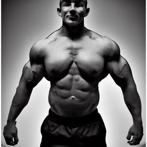 Image similar to grayscale photo of a bodybuilder with a very defined chin