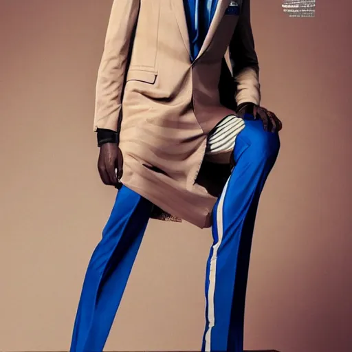 Prompt: male fashion model in year 2030 in Hamburg, model wearing a fancy suit from Italy in beige with blue striped s,dramatic lighting,photography , fashion magazine editorial , highly detailed