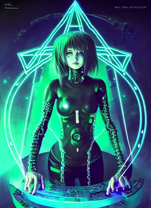 Image similar to portrait of cyberpunk inspired evangelion lady voidstar drawing a pentagram, runes, runic words, ancient evil letters, glowing green, intricate, elegant, glowing lights, highly detailed, digital painting, artstation, concept art, smooth, sharp focus, illustration, art by wlop, mars ravelo and greg rutkowski