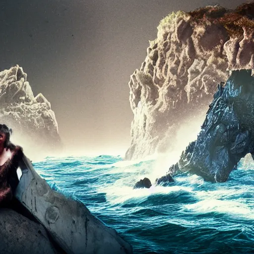 Prompt: portrait photo with stylish lens effect, stylistic lighting, 1 9 8 0's sci - fi style, extremely epic, hyppereality, weta digital, octane render, a flamboyant eccentric fashionable character standing in the cliffside entrance to a cave alongside crashing dramatic ocean waves with sea foam and sea spray, an ancient greek trireme, cinema 4 d, volumetric lighting