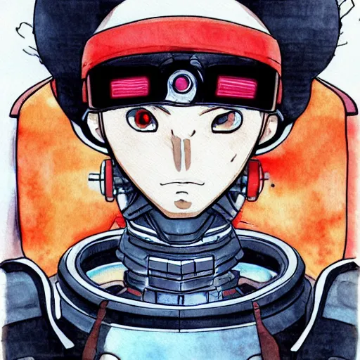 Image similar to a robot face, anime style, akira style, watercolors