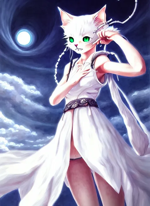 Image similar to a portrait of nekomimi wearing white dress an ultrafine detailed painting, detailed painting, detailed eyes!!, final fantasy octopath traveler lovecraft cosmic realistic hands horror