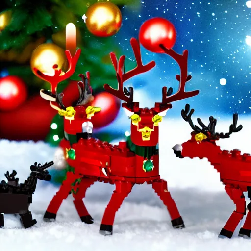 Image similar to lego reindeers, santa, christmas tree, 4k, photo realistic,