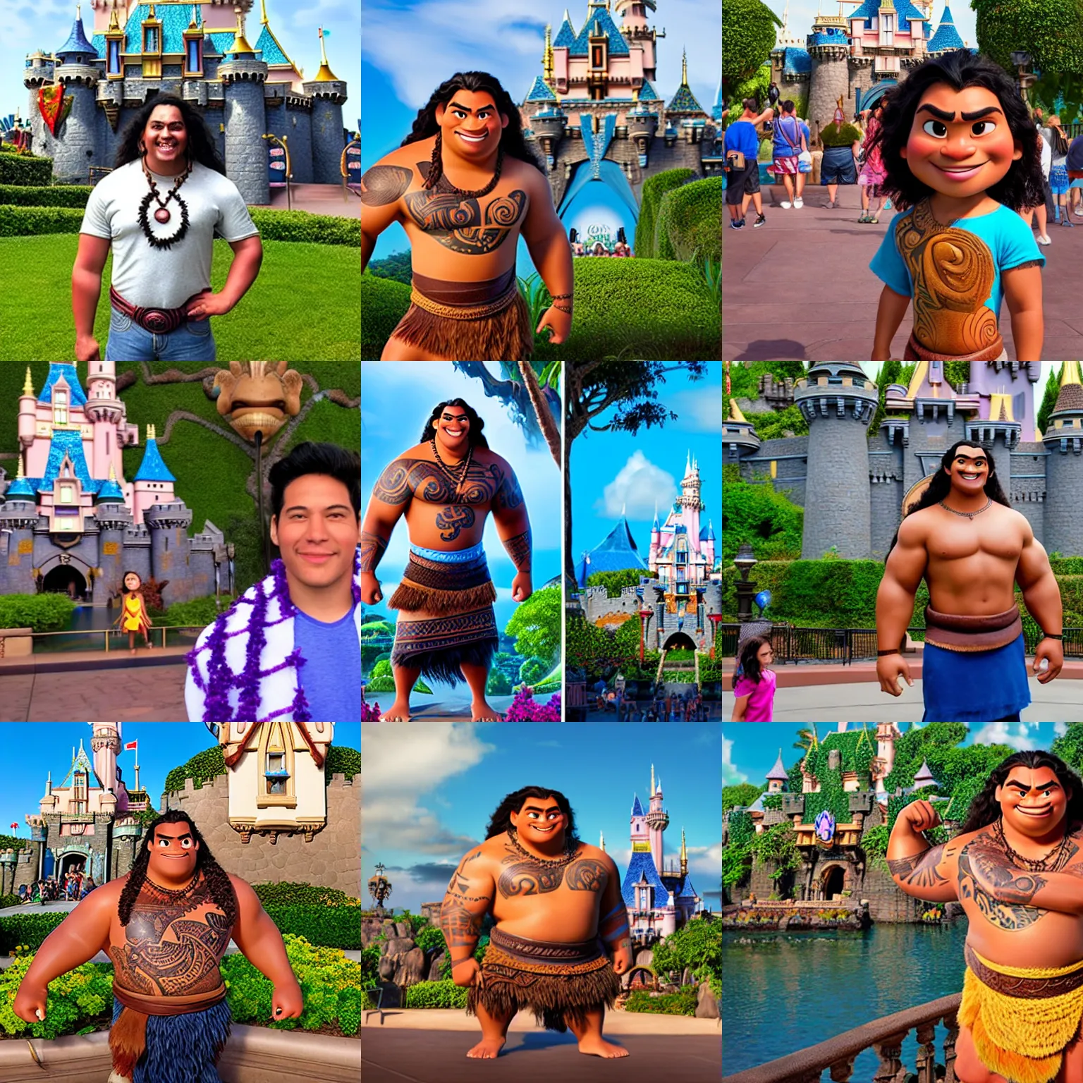 Prompt: maui, male demigod from the movie moana at disneyland, standing in front of sleeping beauty castle, background is disneyland castle, realistic photo, as real person