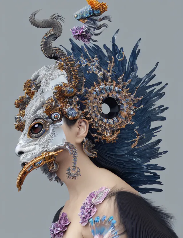 Image similar to 3 d goddess close - up profile portrait with crown, ram skull. beautiful intricately detailed japanese crow kitsune mask and clasical japanese kimono. betta fish, jellyfish phoenix, bio - luminescent, plasma, ice, water, wind, creature, artwork by tooth wu and wlop and beeple and greg rutkowski